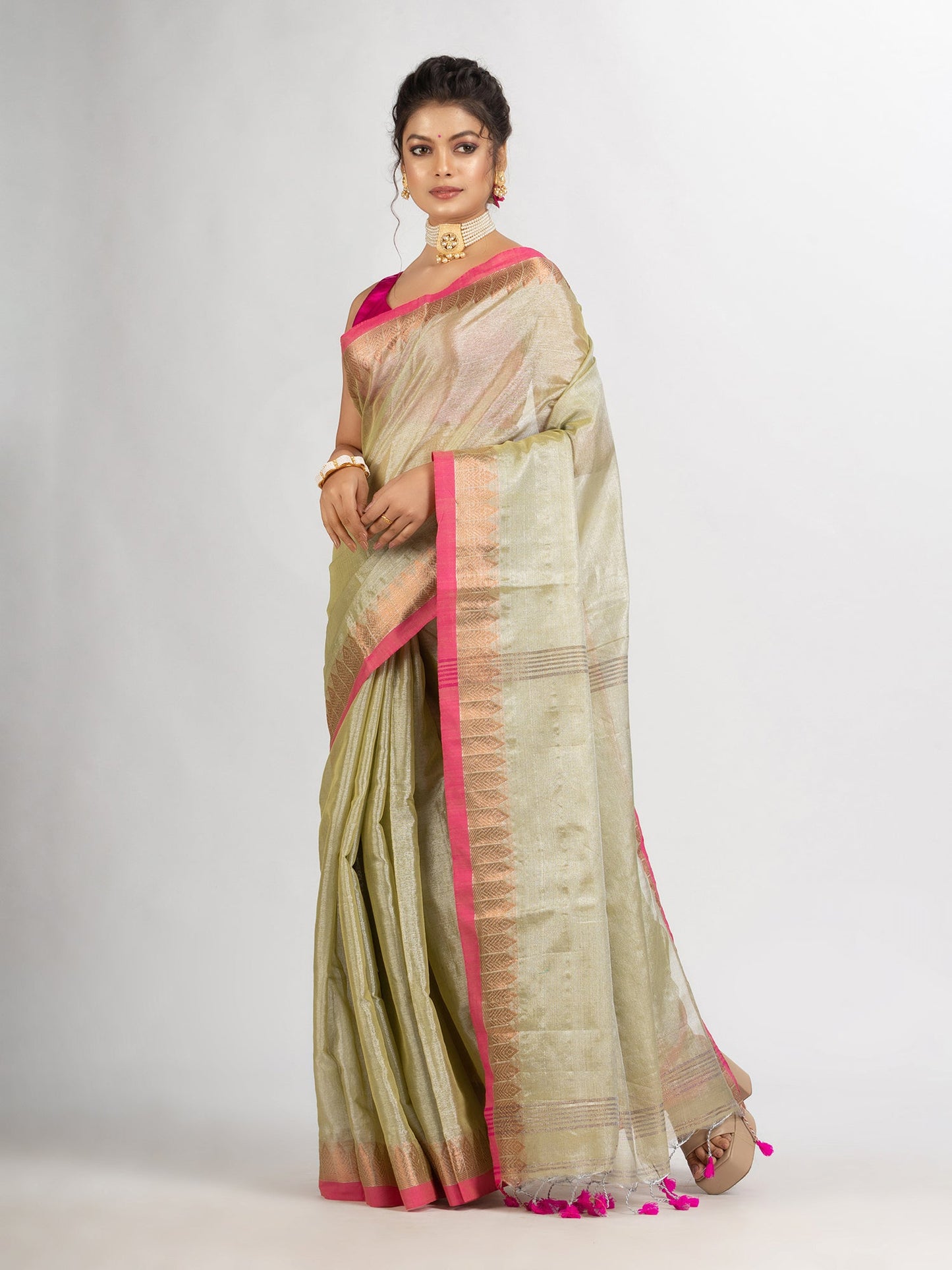 Women's Tasar Cream Zari Cotton Tissue Jacquard Border handloom Saree