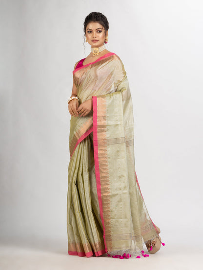 Women's Tasar Cream Zari Cotton Tissue Jacquard Border handloom Saree