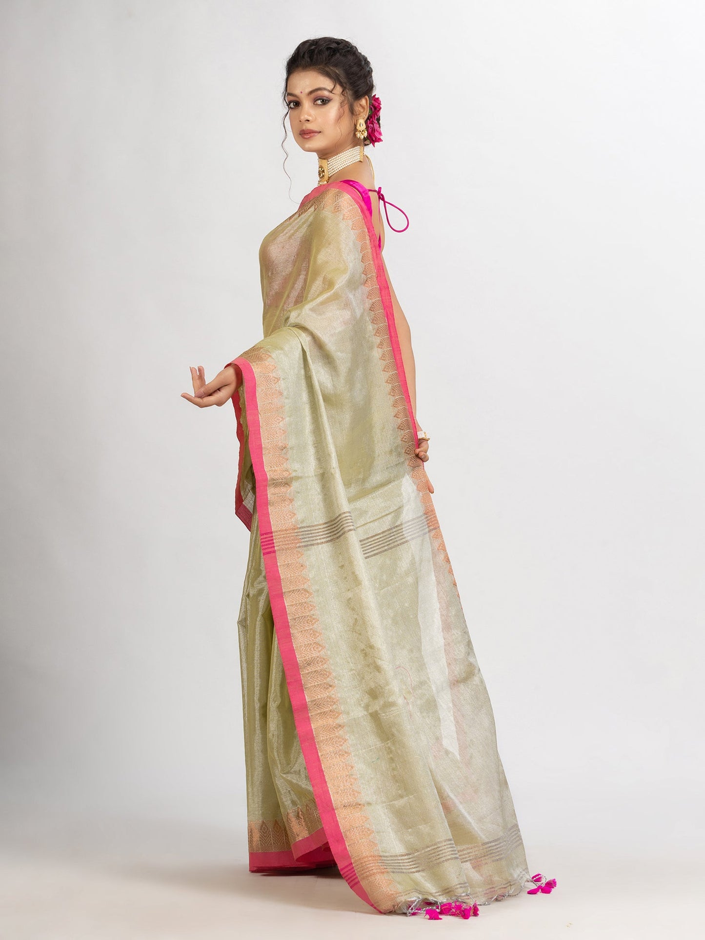 Women's Tasar Cream Zari Cotton Tissue Jacquard Border handloom Saree