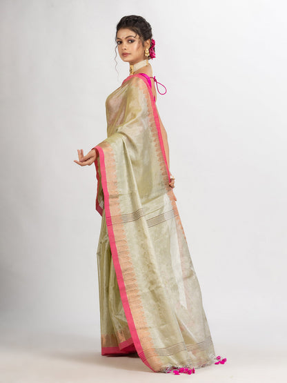 Women's Tasar Cream Zari Cotton Tissue Jacquard Border handloom Saree