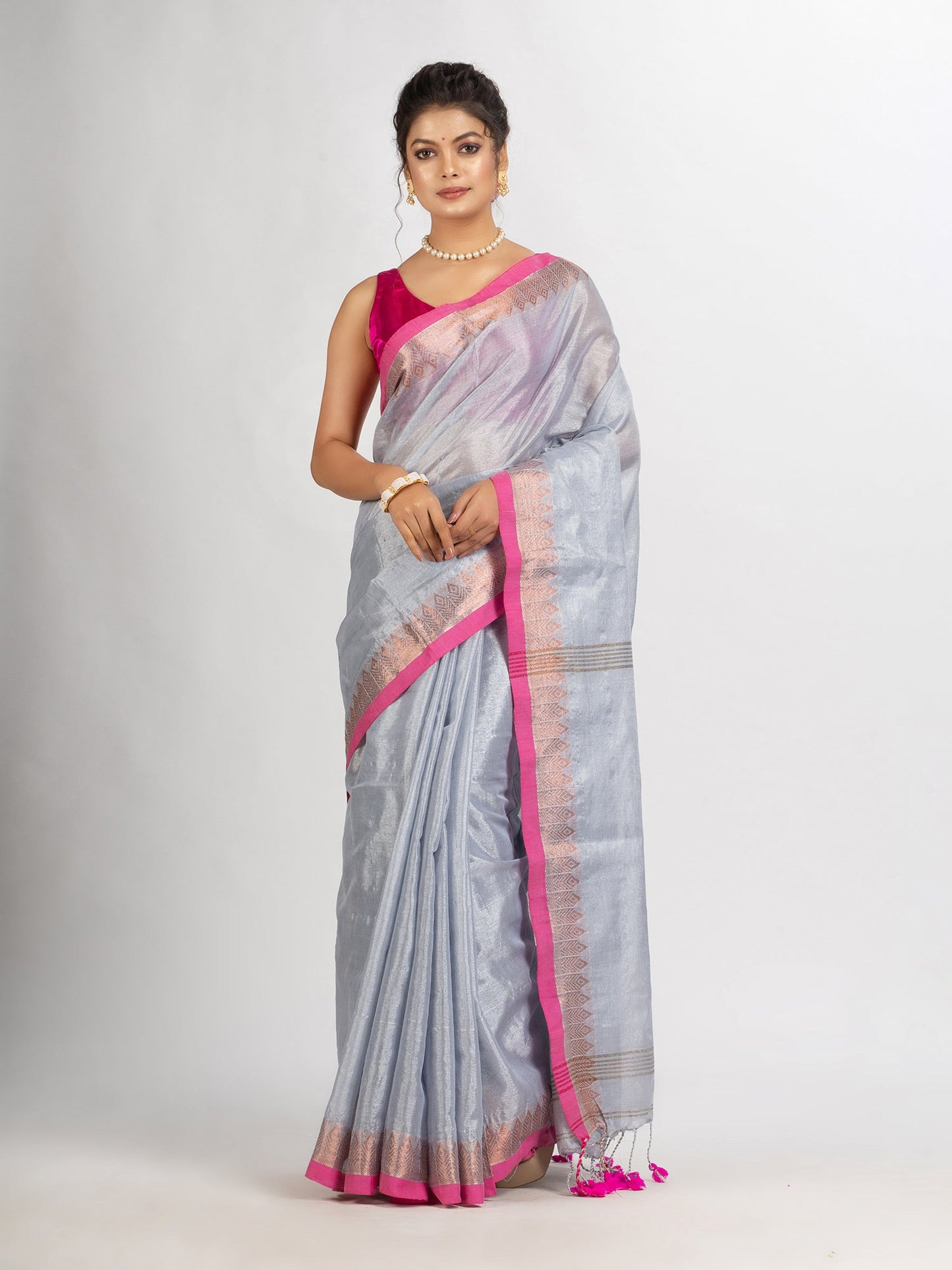 Women's Silver Zari Cotton Tissue Jacquard Border handloom Saree