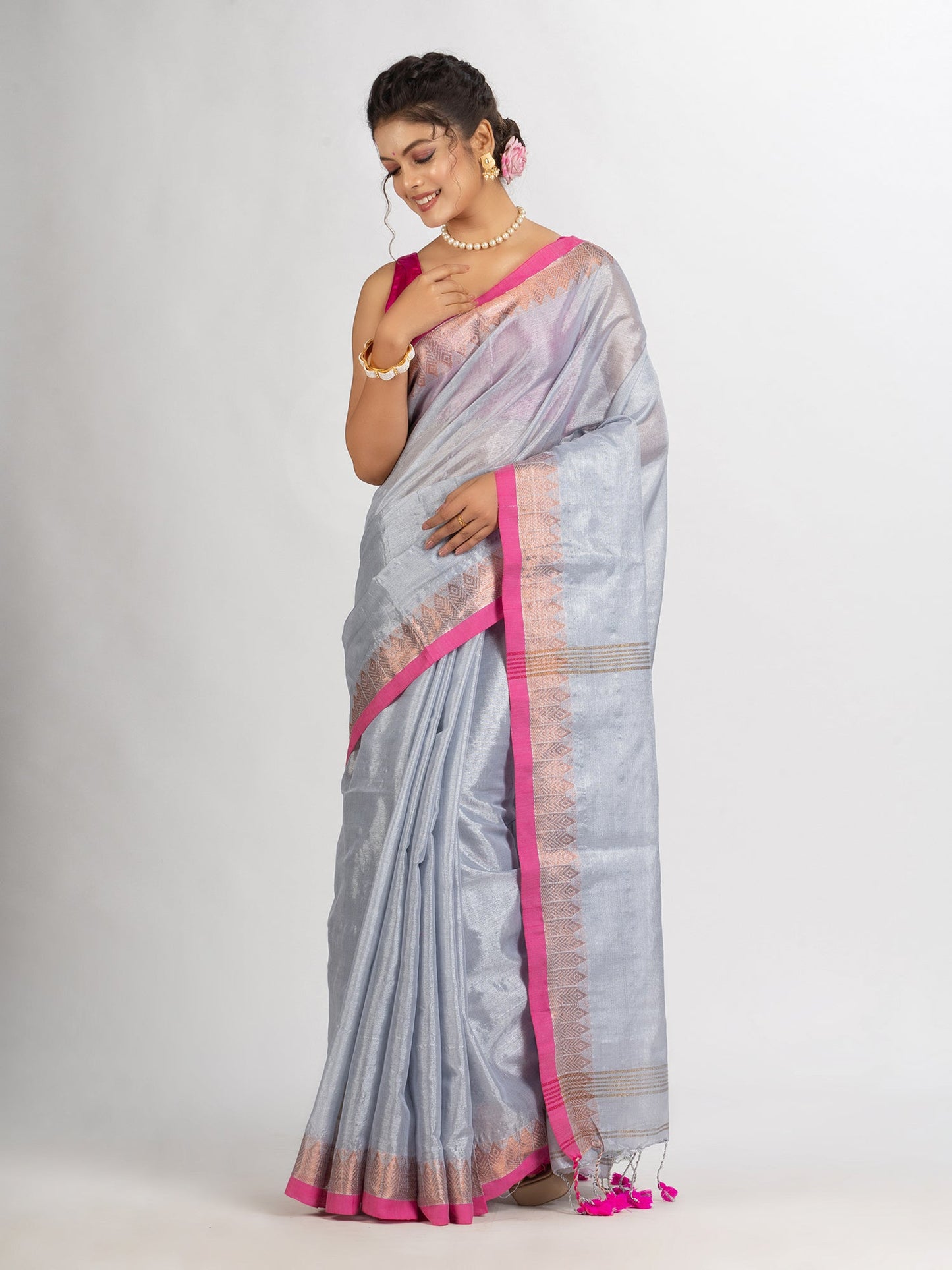 Women's Silver Zari Cotton Tissue Jacquard Border handloom Saree