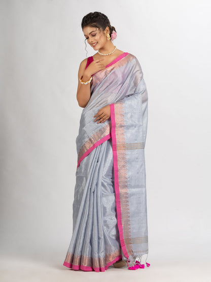 Women's Silver Zari Cotton Tissue Jacquard Border handloom Saree