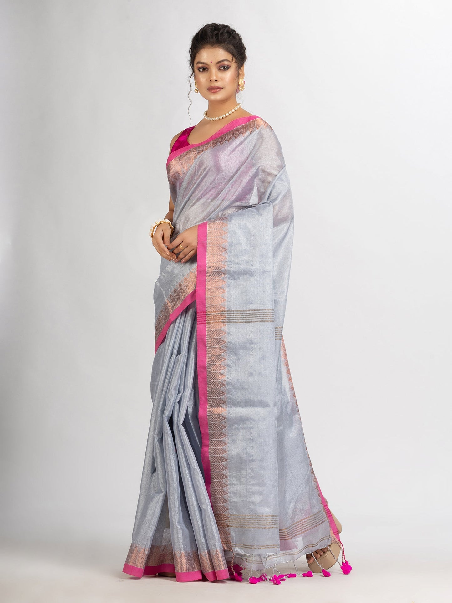 Women's Silver Zari Cotton Tissue Jacquard Border handloom Saree