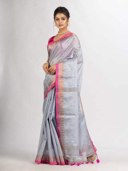 Women's Silver Zari Cotton Tissue Jacquard Border handloom Saree