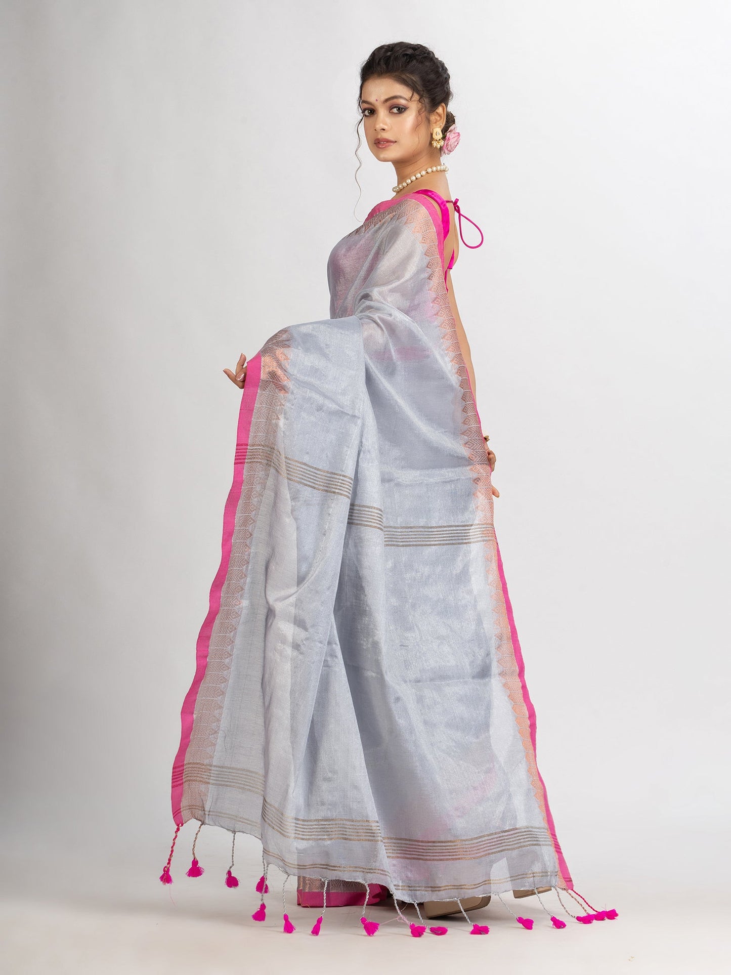 Women's Silver Zari Cotton Tissue Jacquard Border handloom Saree