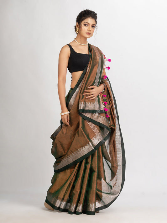 Women's Battle Green Cotton Tissue Jacquard Border handloom Saree