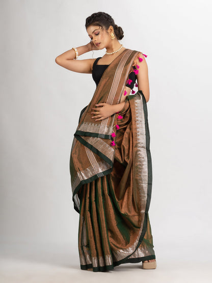 Women's Battle Green Cotton Tissue Jacquard Border handloom Saree