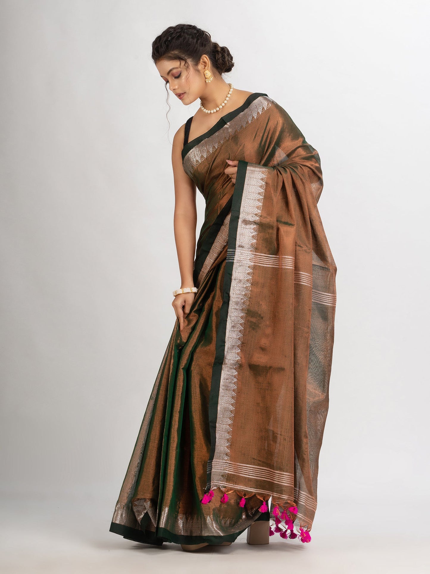 Women's Battle Green Cotton Tissue Jacquard Border handloom Saree