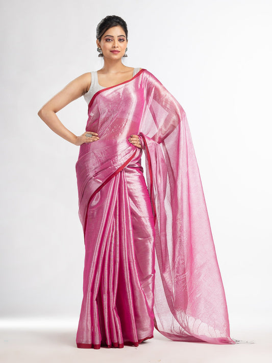 Women's pink tissue cotton solit haif inchi border saree