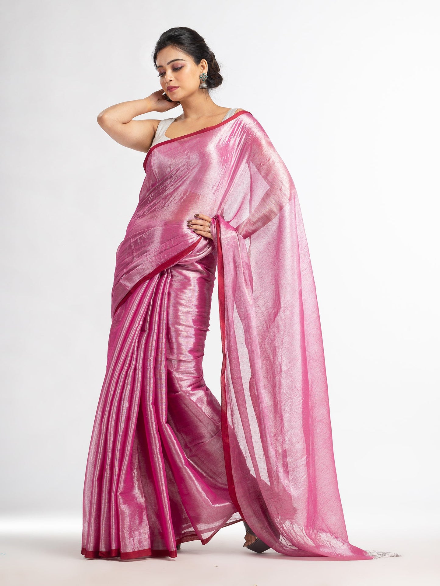 Women's pink tissue cotton solit haif inchi border saree