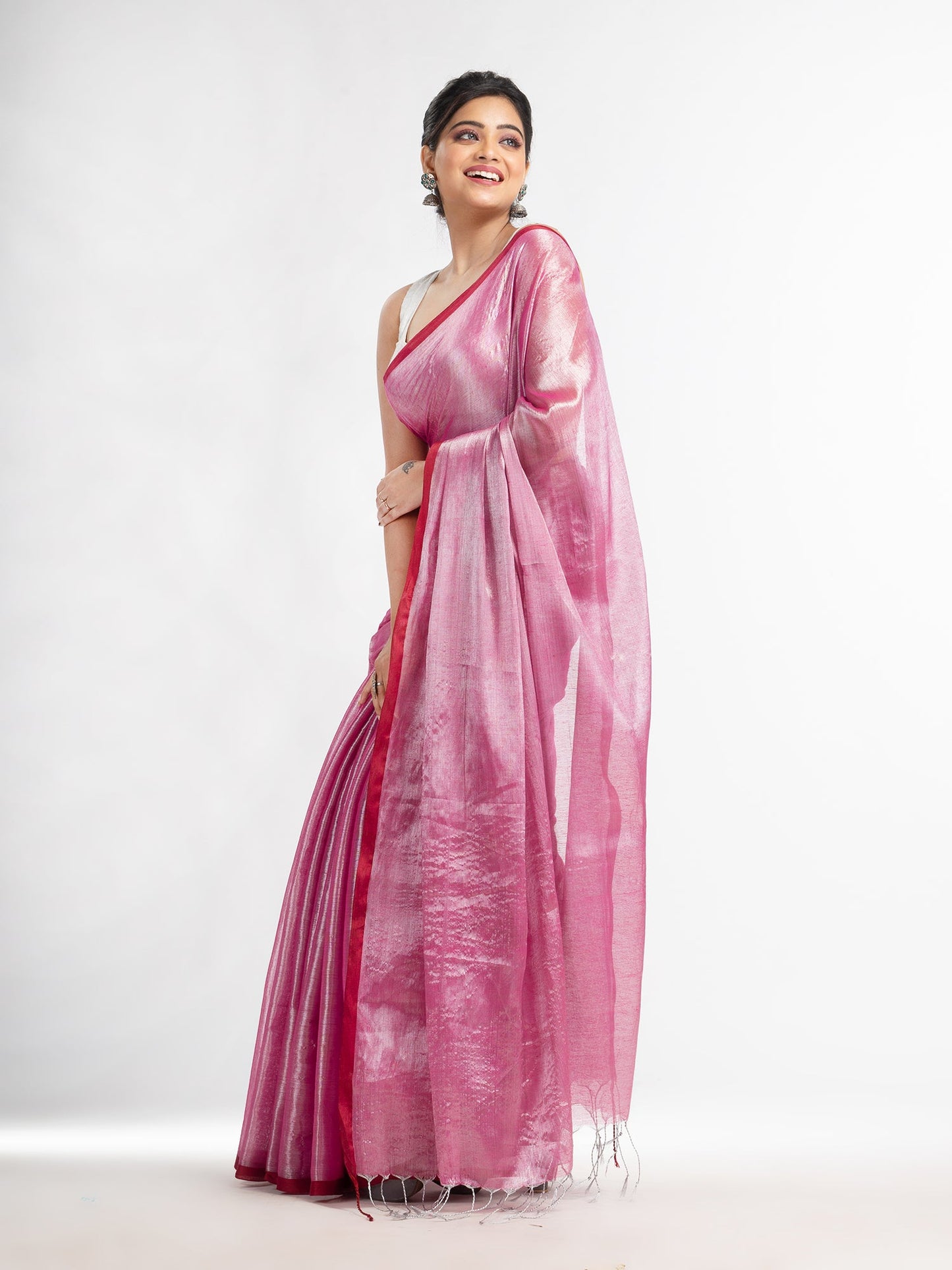 Women's pink tissue cotton solit haif inchi border saree