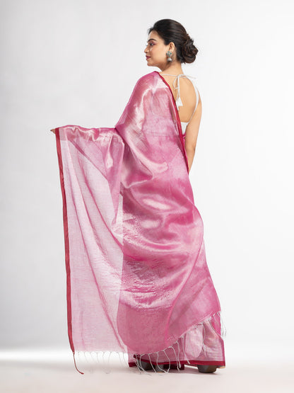 Women's pink tissue cotton solit haif inchi border saree