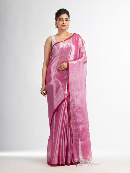 Women's pink tissue cotton solit haif inchi border saree