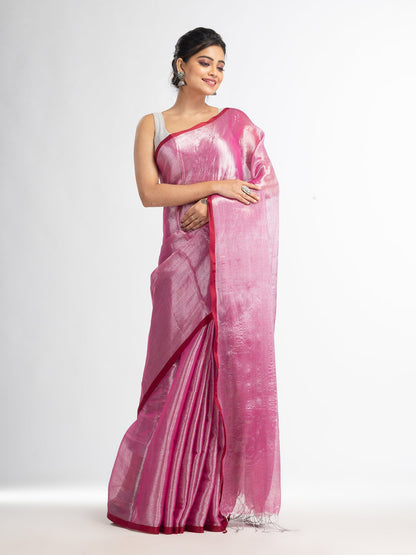 Women's pink tissue cotton solit haif inchi border saree