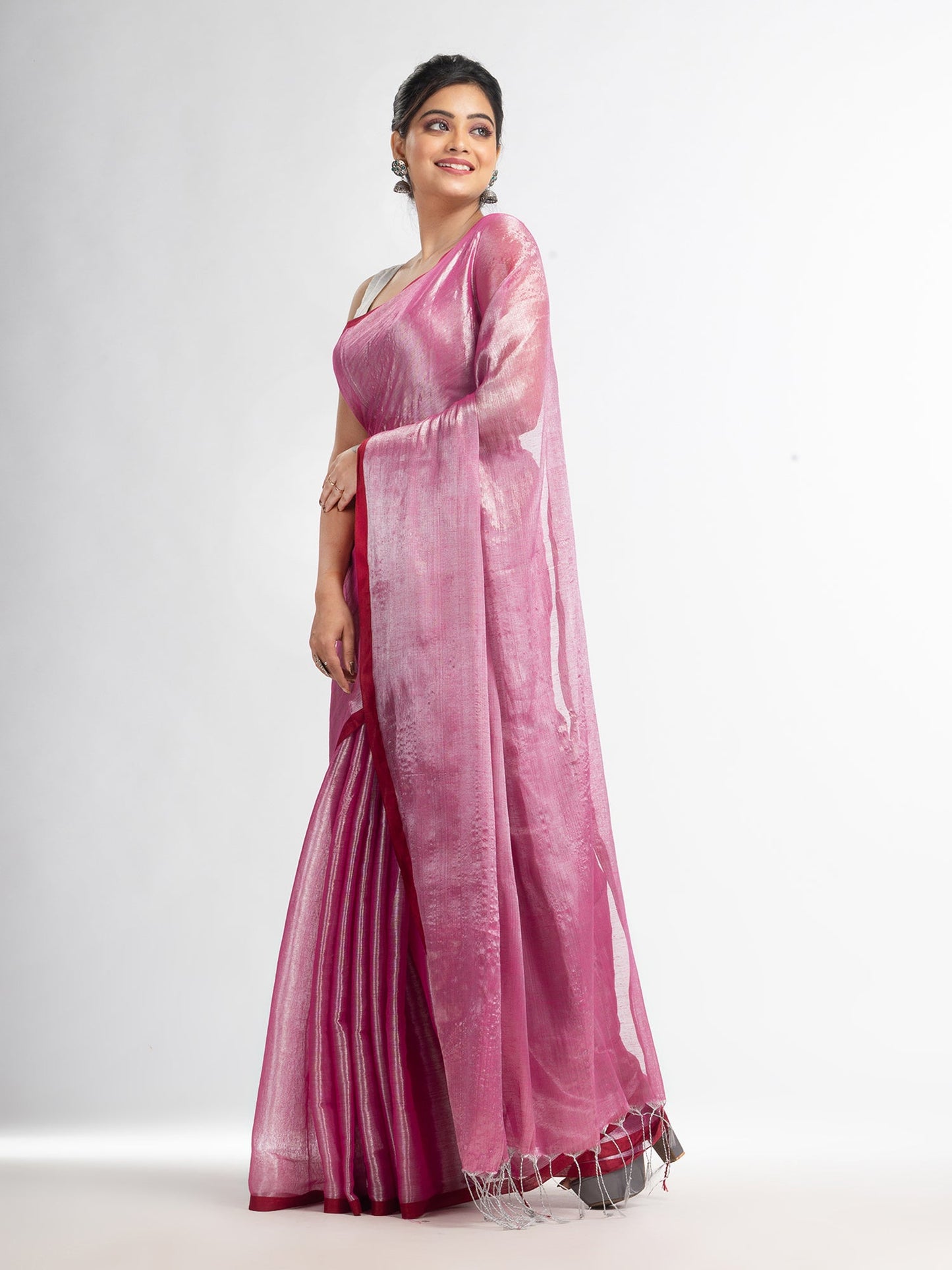 Women's pink tissue cotton solit haif inchi border saree
