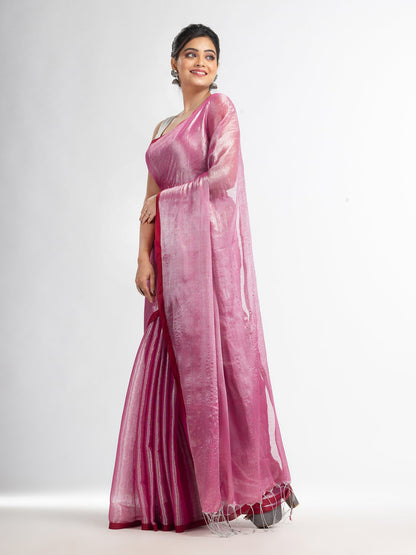 Women's pink tissue cotton solit haif inchi border saree