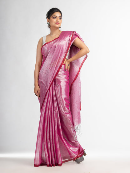 Women's pink tissue cotton solit haif inchi border saree