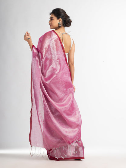 Women's pink tissue cotton solit haif inchi border saree