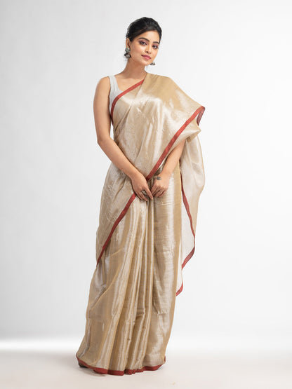 Women's Beige tissue cotton solit haif inchi border saree