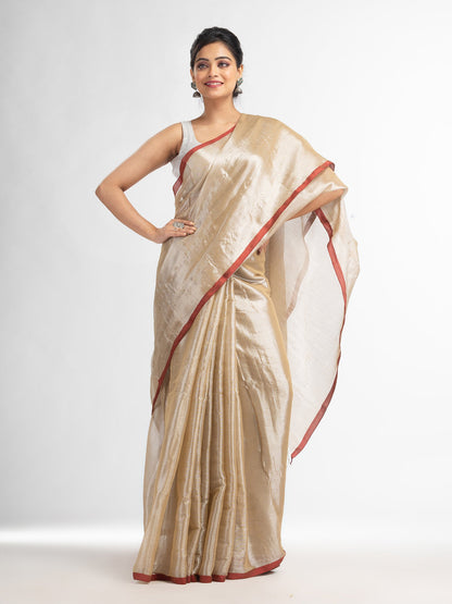 Women's Beige tissue cotton solit haif inchi border saree