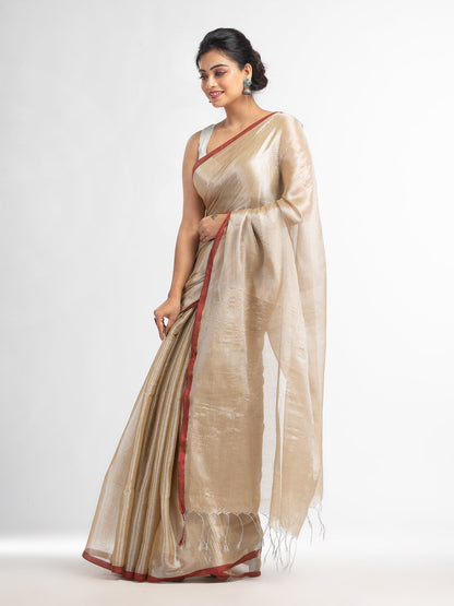 Women's Beige tissue cotton solit haif inchi border saree