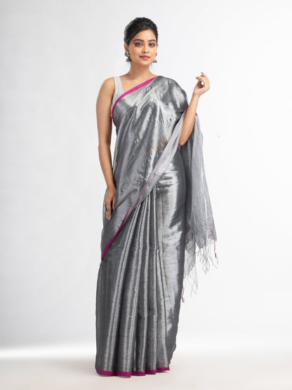 Women's Grey tissue cotton solit haif inchi border saree