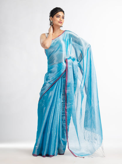 Women's Sky blue tissue cotton solit haif inchi border saree