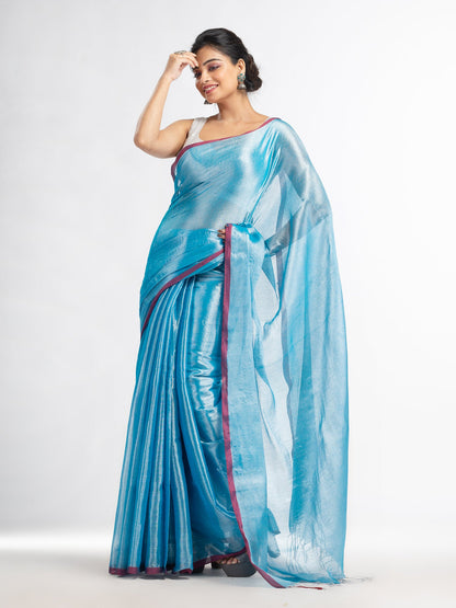 Women's Sky blue tissue cotton solit haif inchi border saree