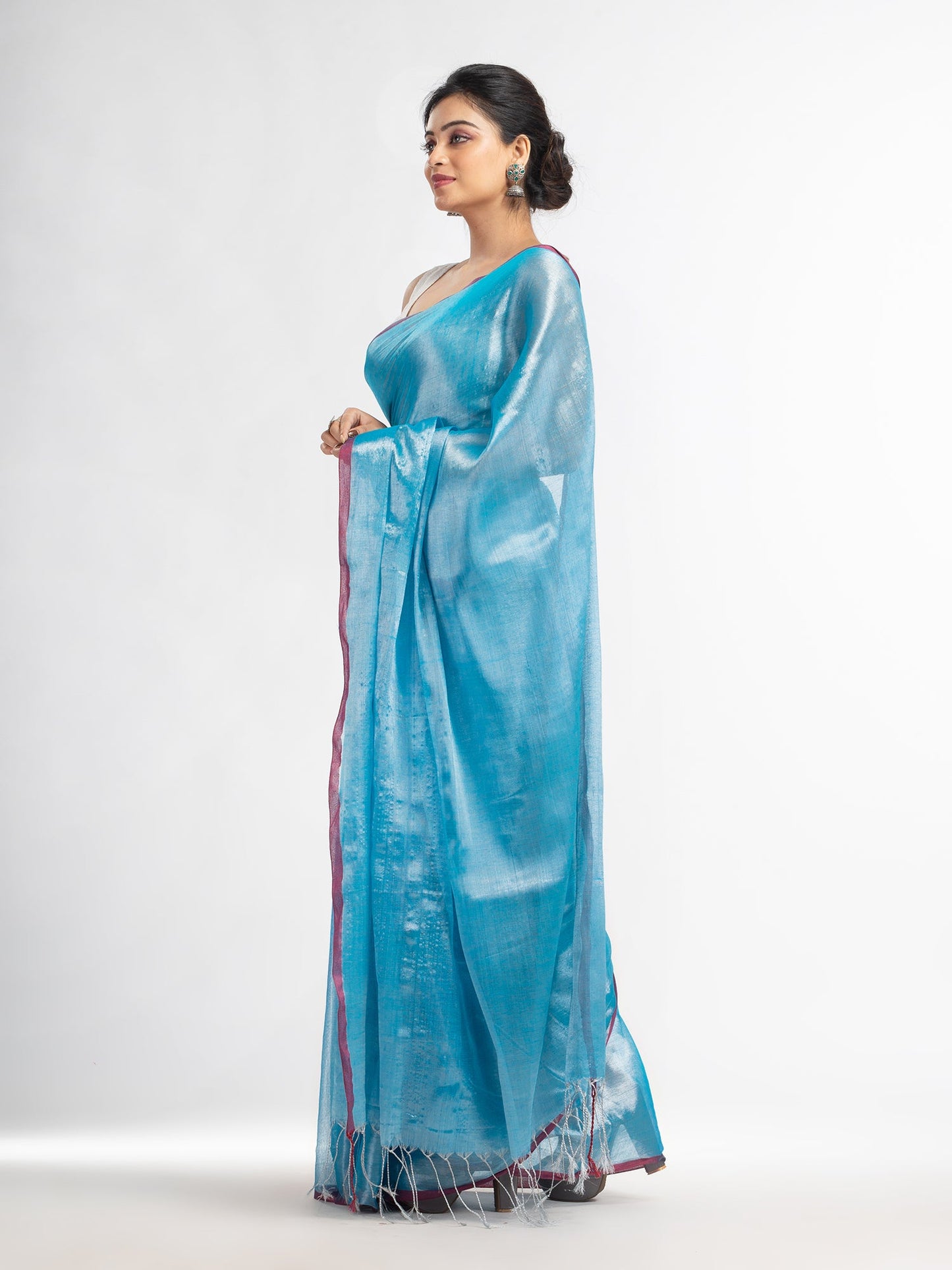 Women's Sky blue tissue cotton solit haif inchi border saree