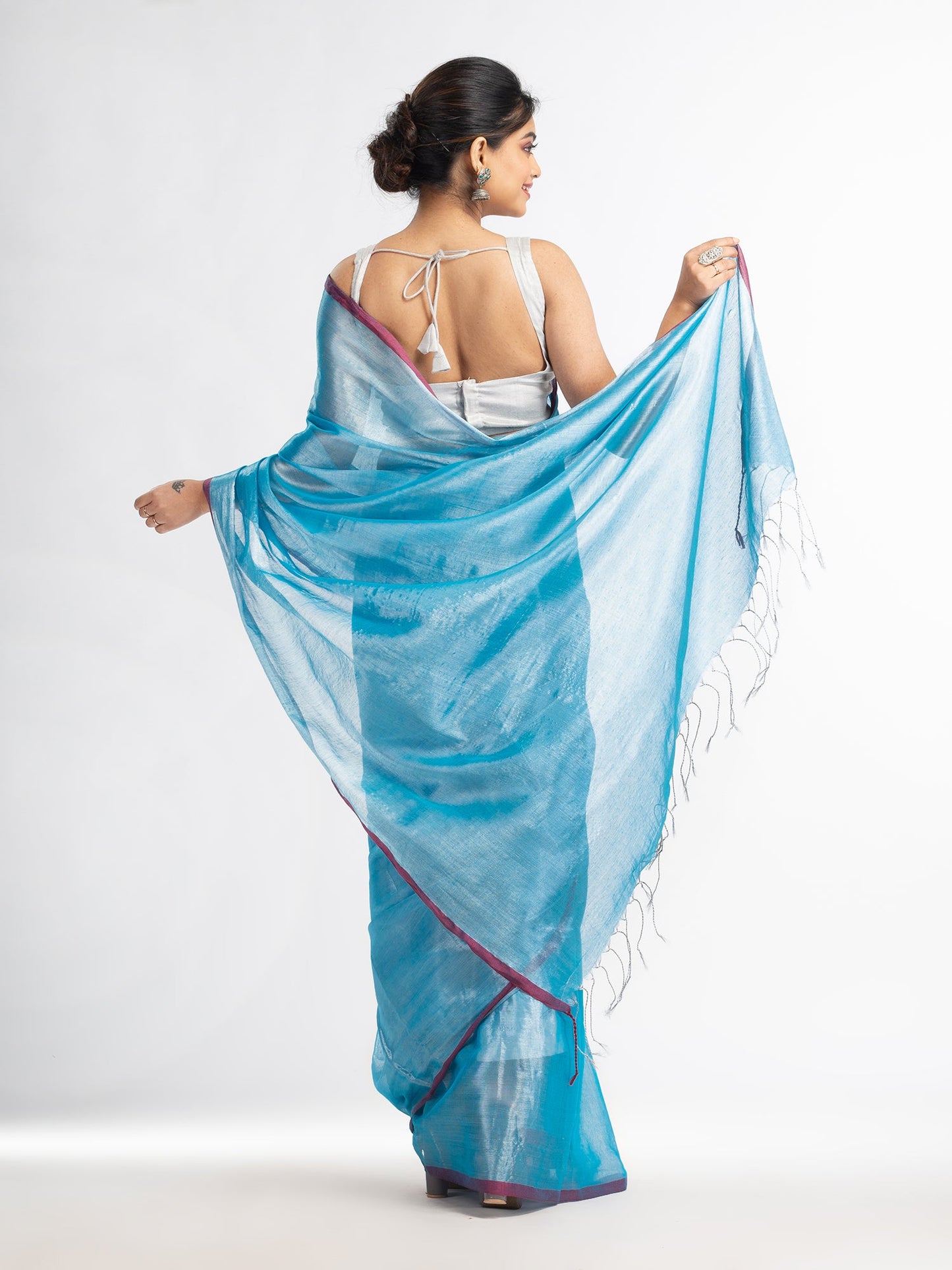 Women's Sky blue tissue cotton solit haif inchi border saree