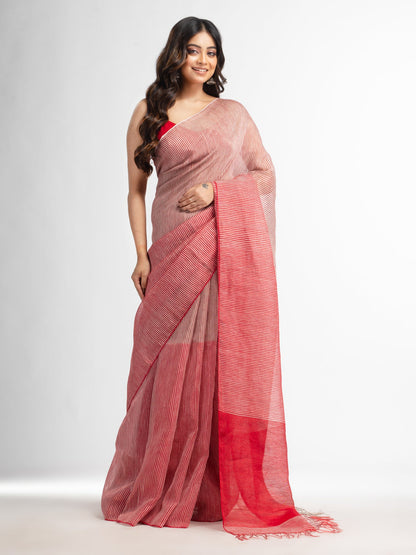 Women's Red all body type check with red pallu handwoven tissue linen saree