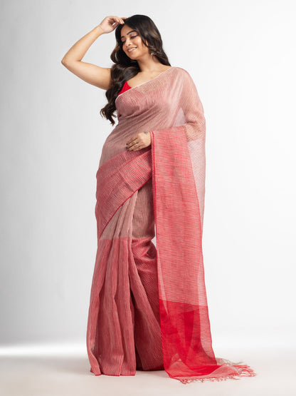 Women's Red all body type check with red pallu handwoven tissue linen saree