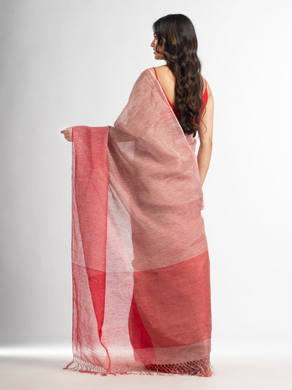 Women's Red all body type check with red pallu handwoven tissue linen saree