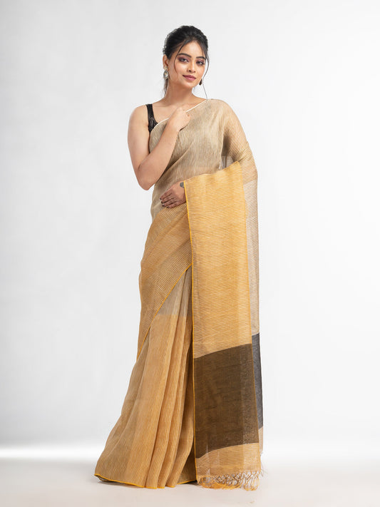 Women's Cream all body type check with black pallu handwoven tissue linen saree