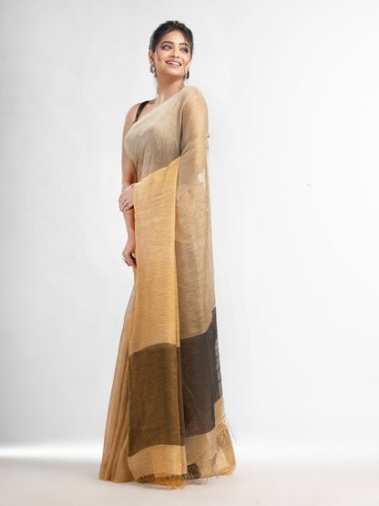 Women's Cream all body type check with black pallu handwoven tissue linen saree