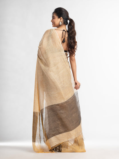 Women's Cream all body type check with black pallu handwoven tissue linen saree