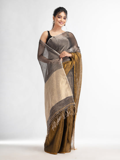 Women's Grey tissue linen multi colour pallu handwoven saree