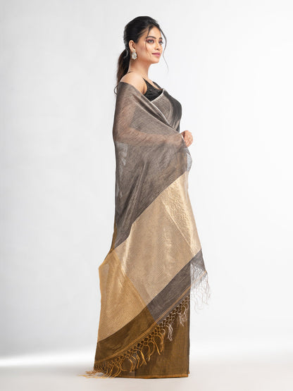 Women's Grey tissue linen multi colour pallu handwoven saree