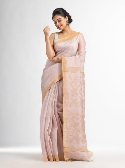 Women's Beige linen tissue pallu jamdanie temple border handwoven saree