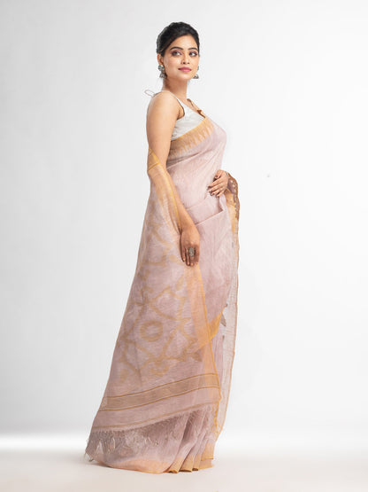 Women's Beige linen tissue pallu jamdanie temple border handwoven saree