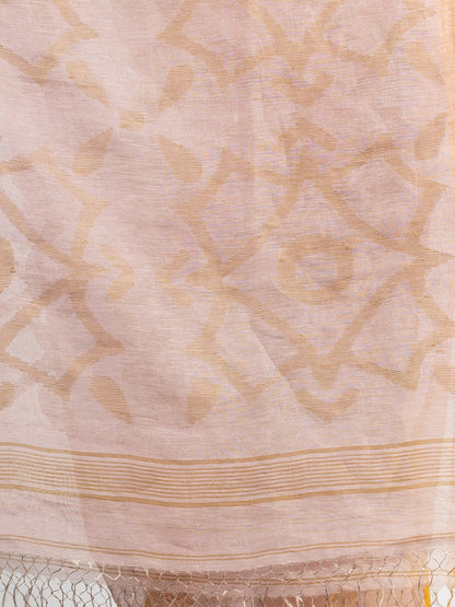 Women's Beige linen tissue pallu jamdanie temple border handwoven saree