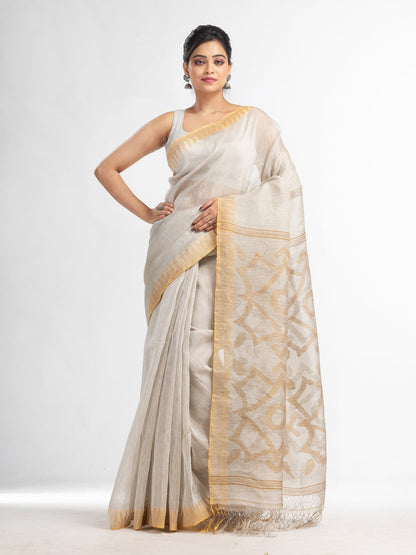 Women's off white linen tissue pallu jamdanie temple border handwoven saree