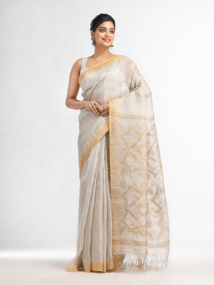 Women's off white linen tissue pallu jamdanie temple border handwoven saree