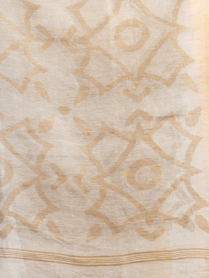 Women's off white linen tissue pallu jamdanie temple border handwoven saree