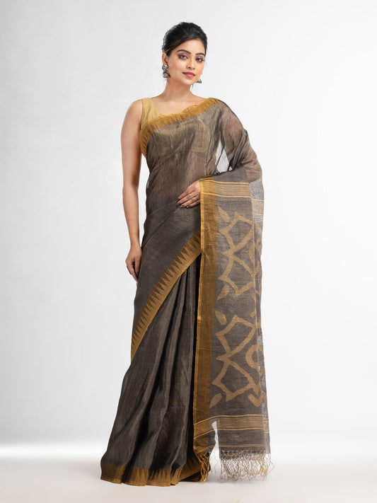 Women's Grey linen tissue pallu jamdani temple border handwoven saree