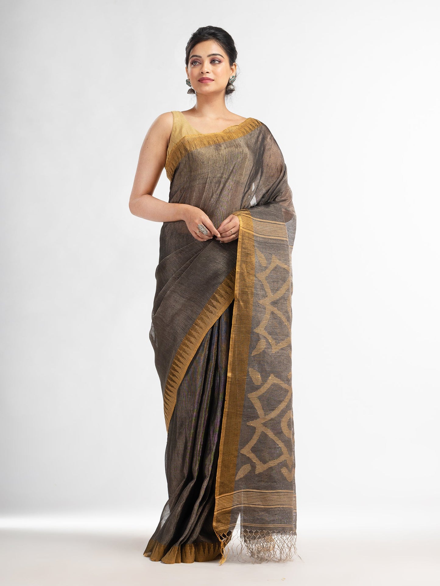 Women's Grey linen tissue pallu jamdani temple border handwoven saree