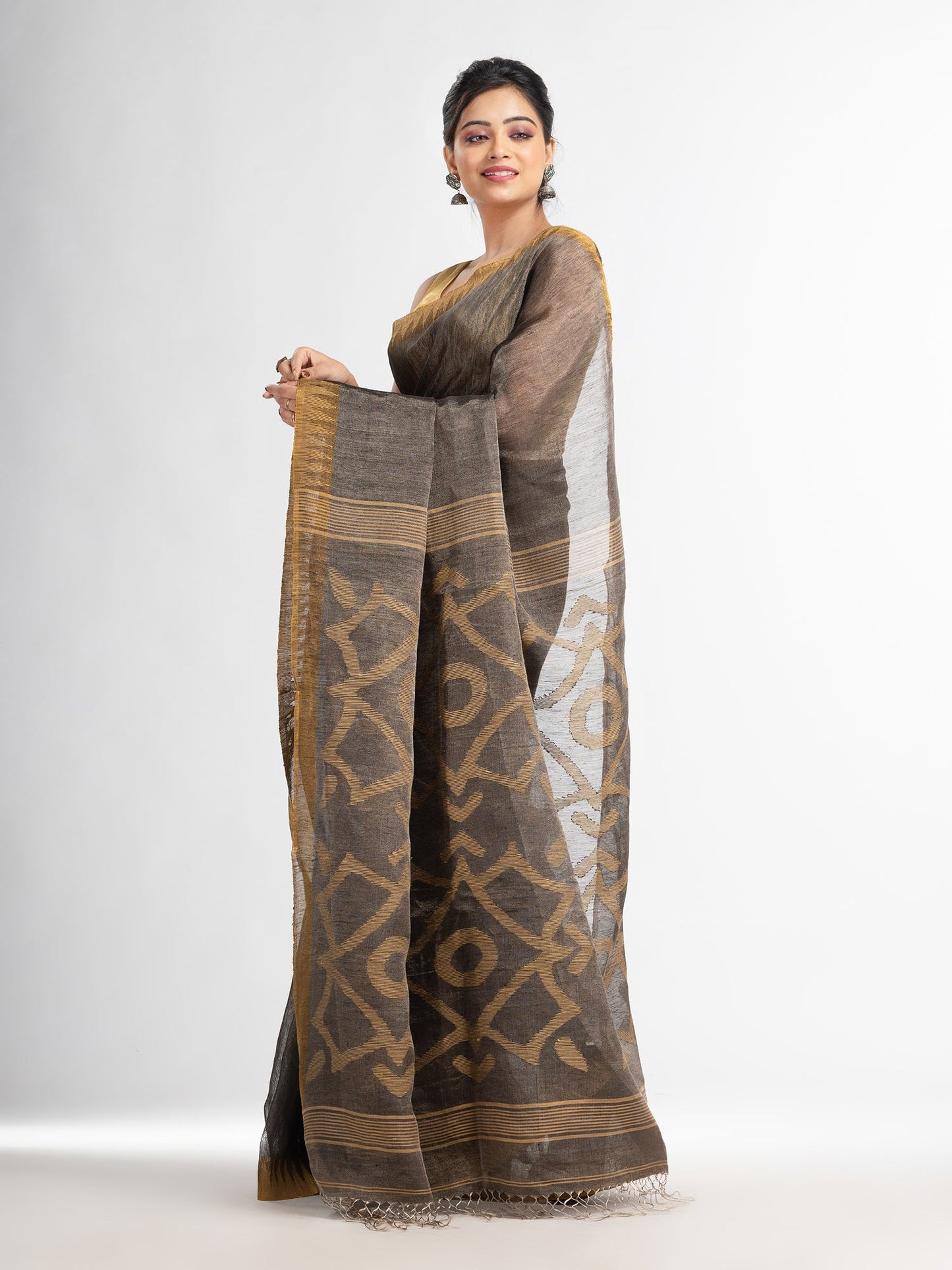 Women's Grey linen tissue pallu jamdani temple border handwoven saree