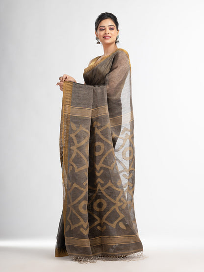 Women's Grey linen tissue pallu jamdani temple border handwoven saree