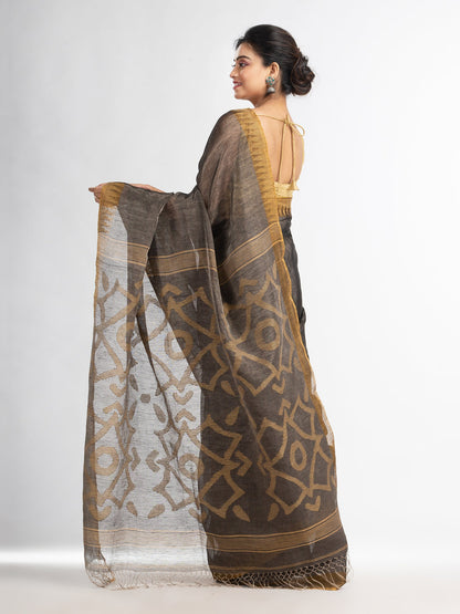 Women's Grey linen tissue pallu jamdani temple border handwoven saree
